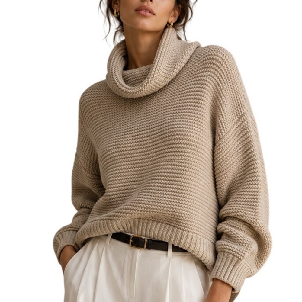 Zara Knit Womens‎ Beige Chunky Cowl Neck Garter Stitch Sweater Size M 1822/803